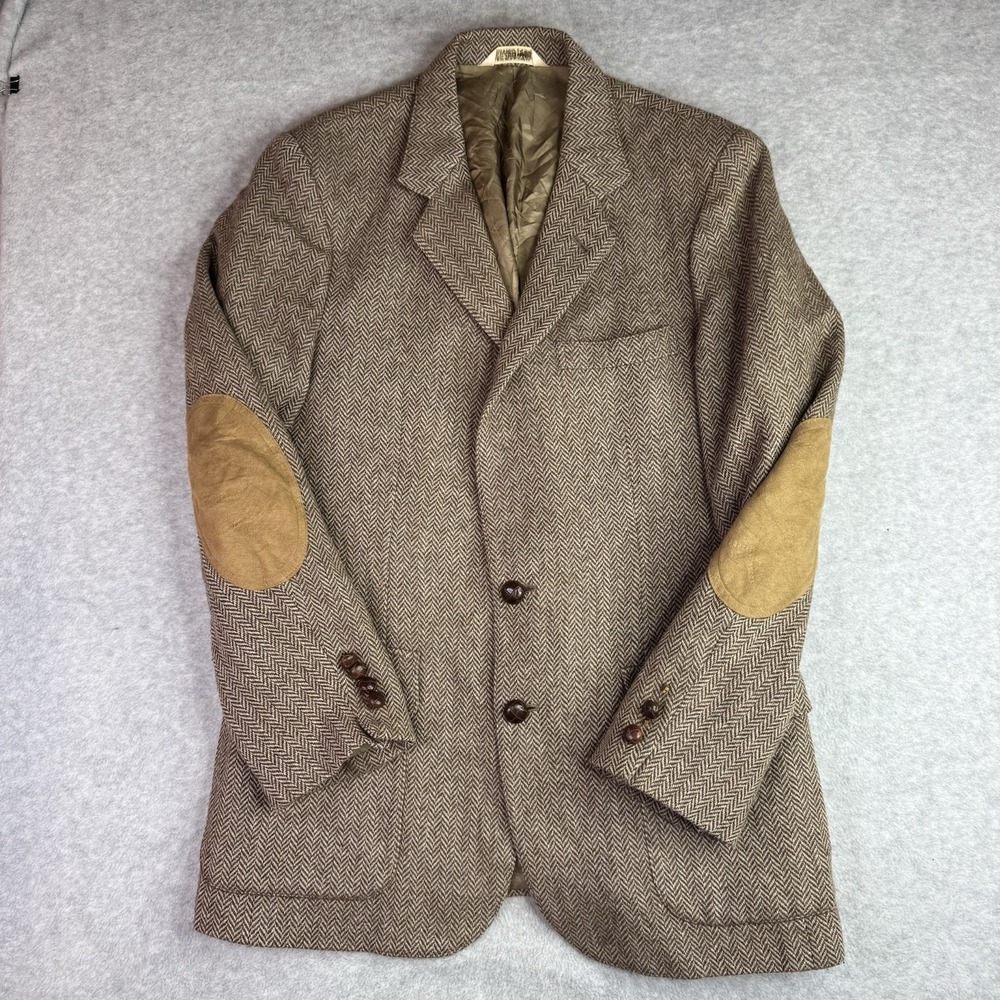 Men's Vintage Wool Tweed Herringbone Sport Coat Brown 40R Suede Elbow Patch